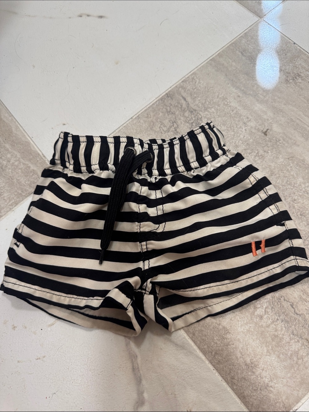 Kids Black and Cream Striped Swim Trunks